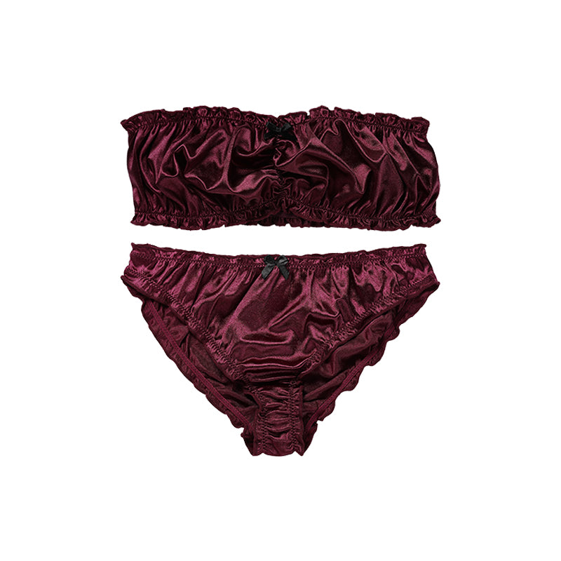 Wine Satin Romance Bra & Panty Set — Wine Red color
